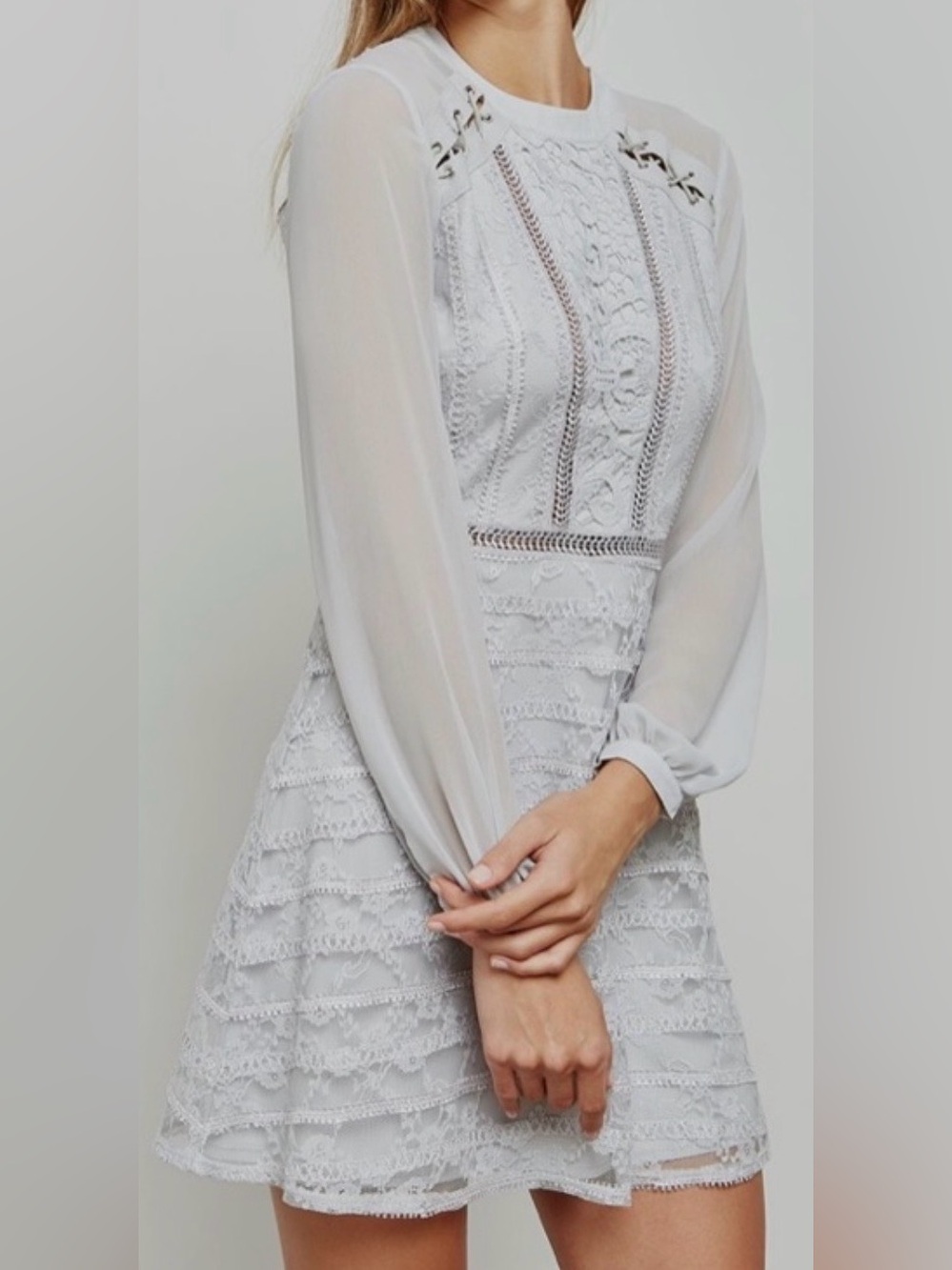 Topshop lace chiffon dove gray mini dress embroidered ethereal wedding party 8